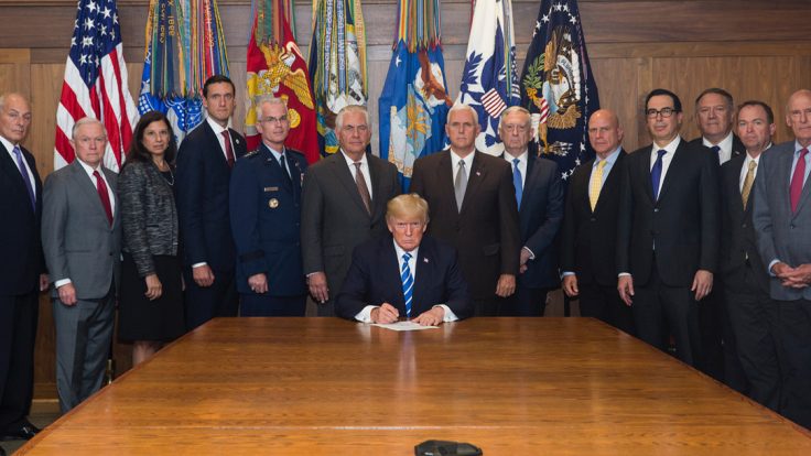 President Donald J. Trump poses with Vice President Mike Pence, Cabinet members, and Senior White House Advisors, Friday, Aug. 18, 2017, in Laurel Lodge at Camp David, as he signed the Global War on Terrorism War Memorial Act. (Official White House Photo by Joyce N. Boghosian)