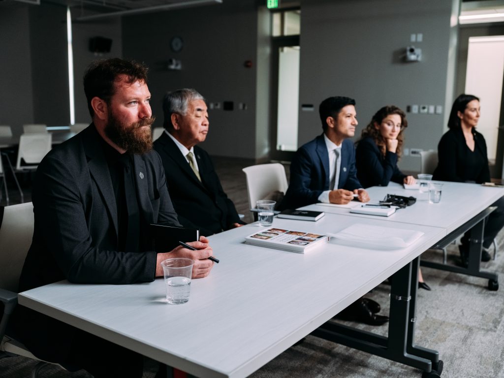 Lead designer, Kengo Kuma listens to testimonials from Design Advisory Council members